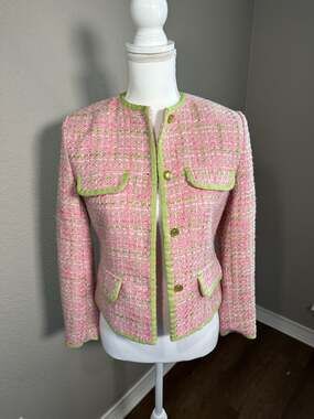 SilkLand Petite Pink and Green Tweed Silk Blend Blazer Jacket